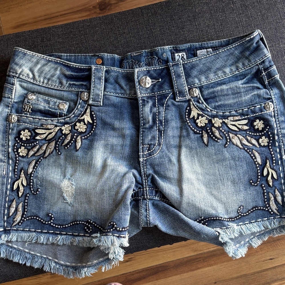 Miss Me Distressed Blue Floral Jean Shorts